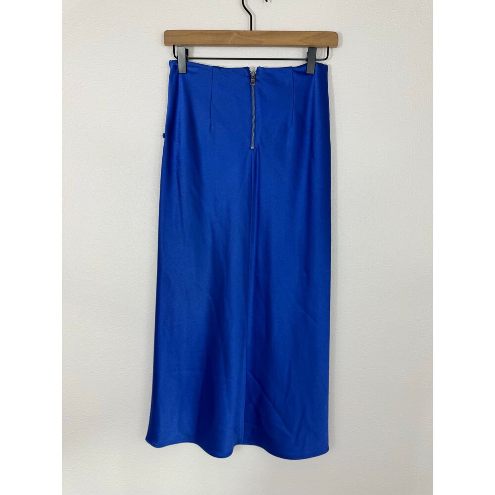 Alice + Olivia Cobalt Blue Satin Midi Skirt Size 2 Designer Wrap Slit - Picture 5 of 6